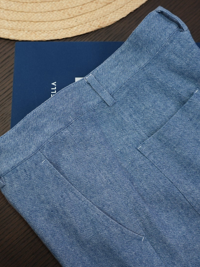 Men’s Blue Linen‑Cotton Denim‑Style Straight‑Leg Casual Trousers | 53% Linen 47% Cotton
