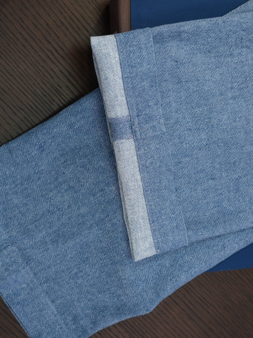 Men’s Blue Linen‑Cotton Denim‑Style Straight‑Leg Casual Trousers | 53% Linen 47% Cotton