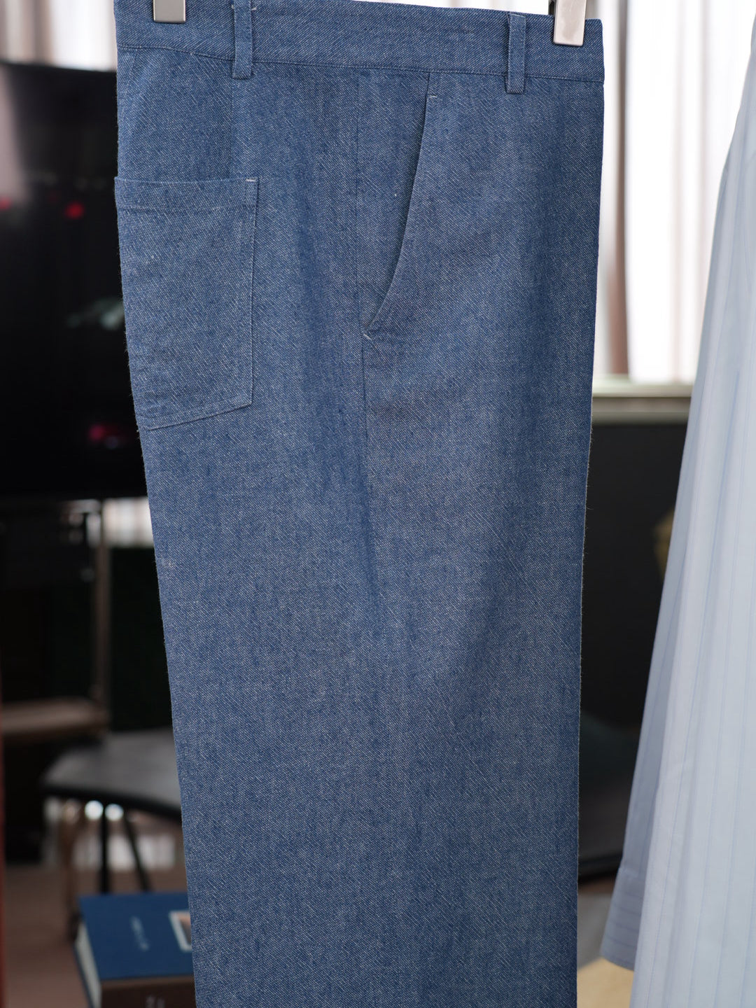 Men’s Blue Linen‑Cotton Denim‑Style Straight‑Leg Casual Trousers | 53% Linen 47% Cotton