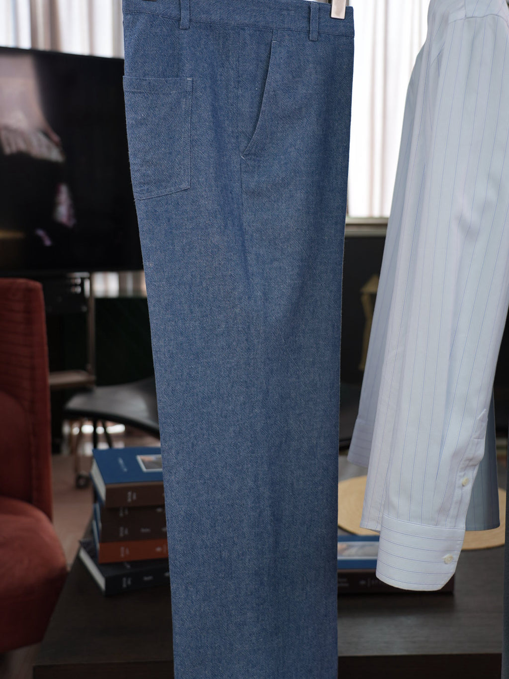 Men’s Blue Linen‑Cotton Denim‑Style Straight‑Leg Casual Trousers | 53% Linen 47% Cotton