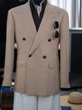 Khaki linen double-breasted single blazer
