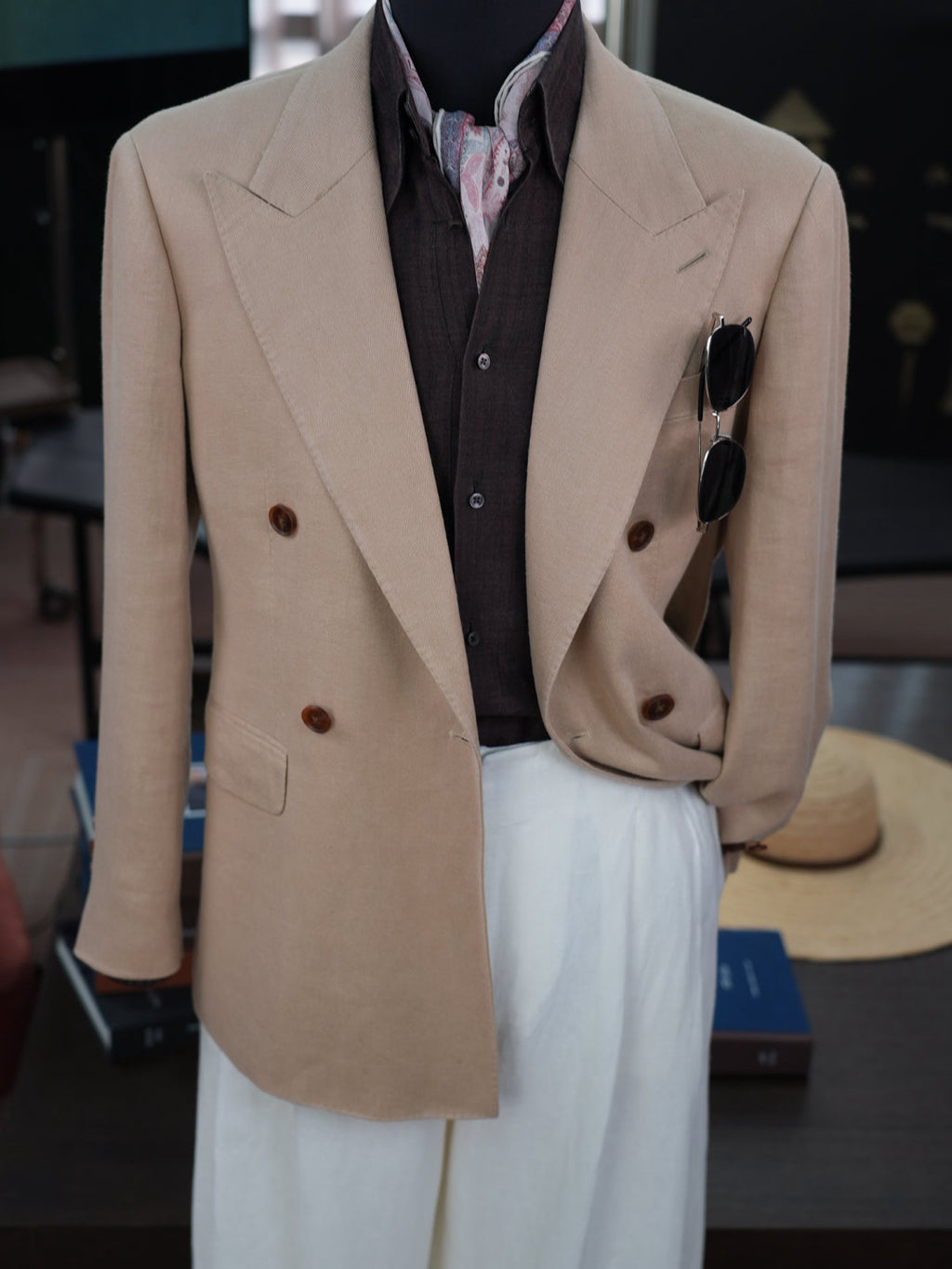 Khaki linen double-breasted single blazer