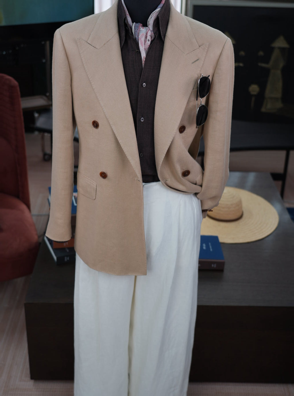 Khaki linen double-breasted single blazer