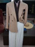 Khaki linen double-breasted single blazer