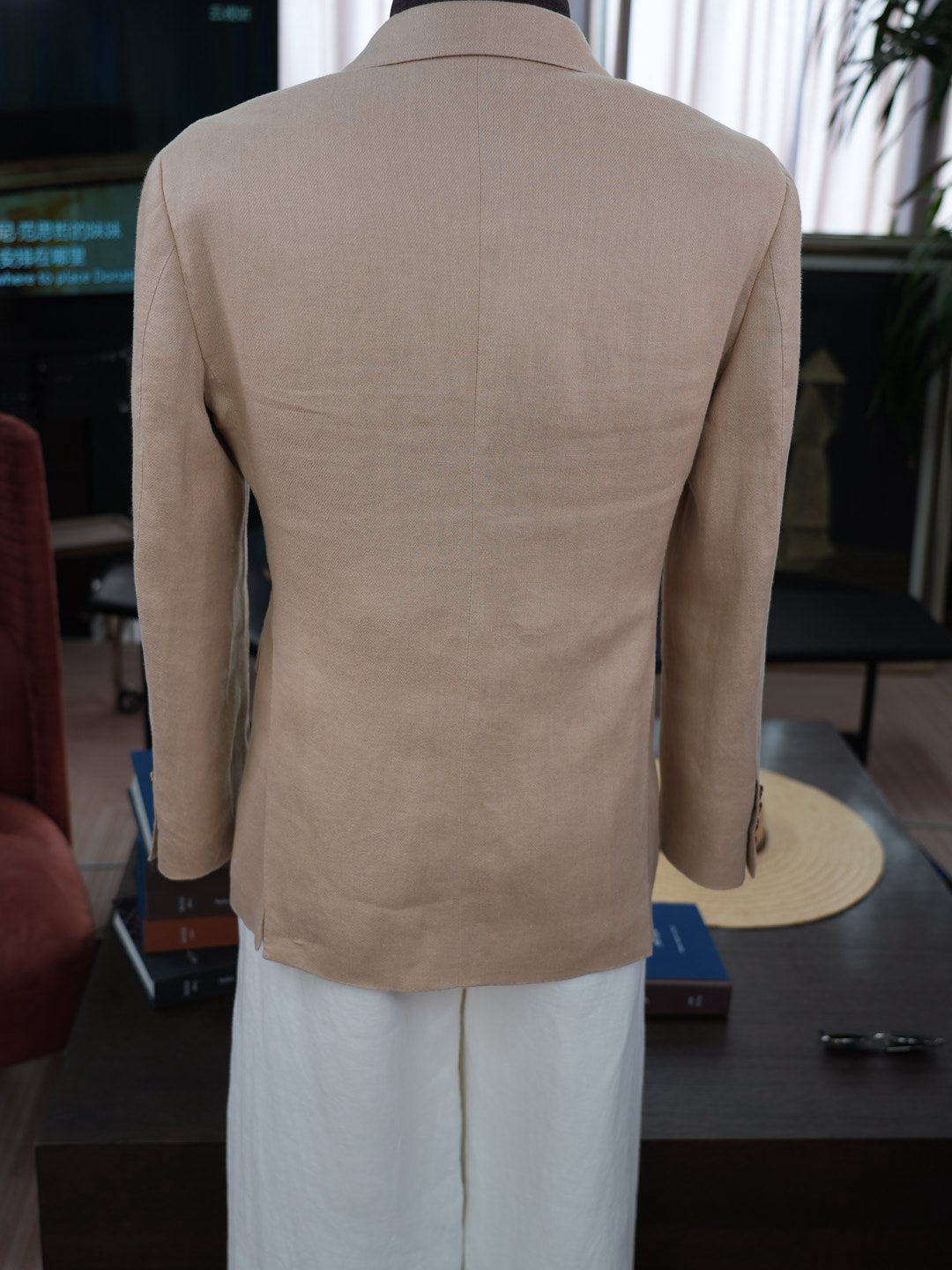 Khaki linen double-breasted single blazer