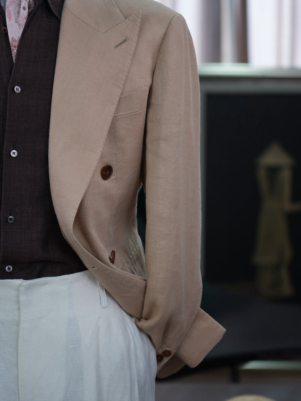 Khaki linen double-breasted single blazer