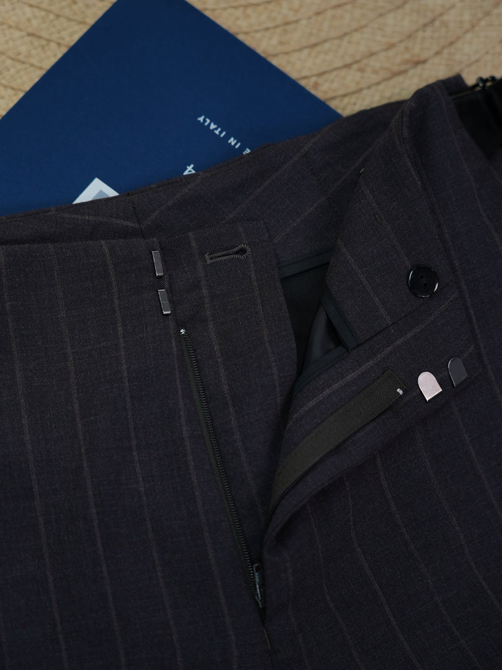 Men’s Dark Brown Pinstripe Waist‑Attached Straight‑Leg Trousers | 100% Fine‑Worsted Wool