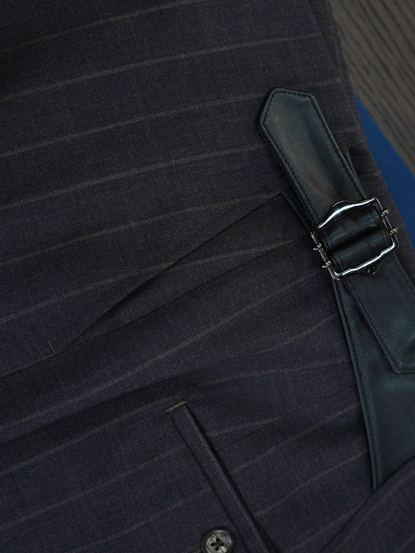 Men’s Dark Brown Pinstripe Waist‑Attached Straight‑Leg Trousers | 100% Fine‑Worsted Wool