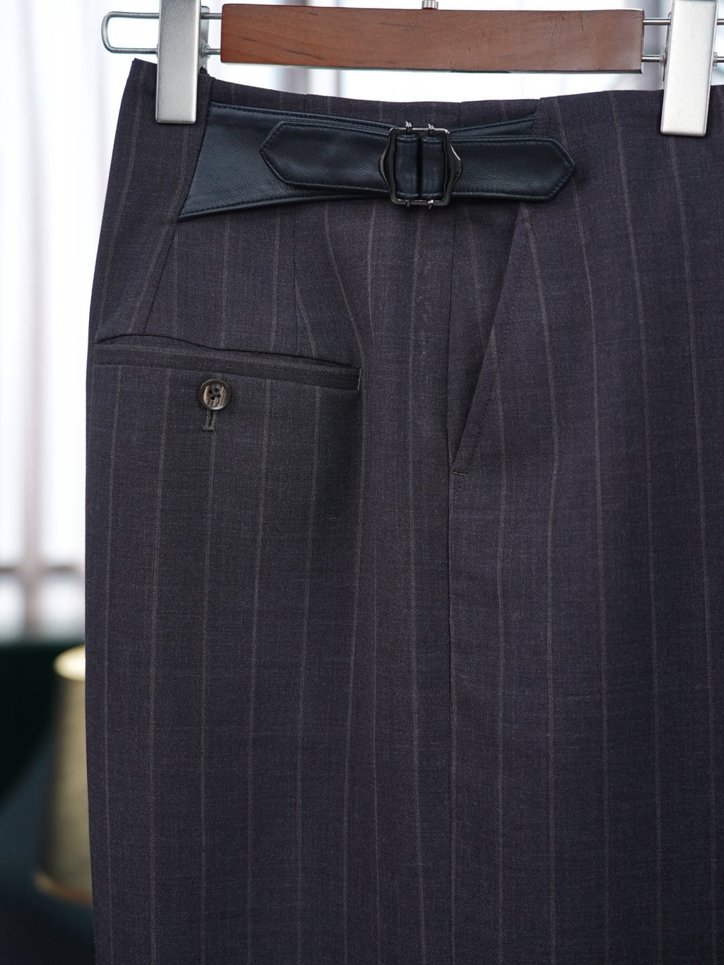 Men’s Dark Brown Pinstripe Waist‑Attached Straight‑Leg Trousers | 100% Fine‑Worsted Wool