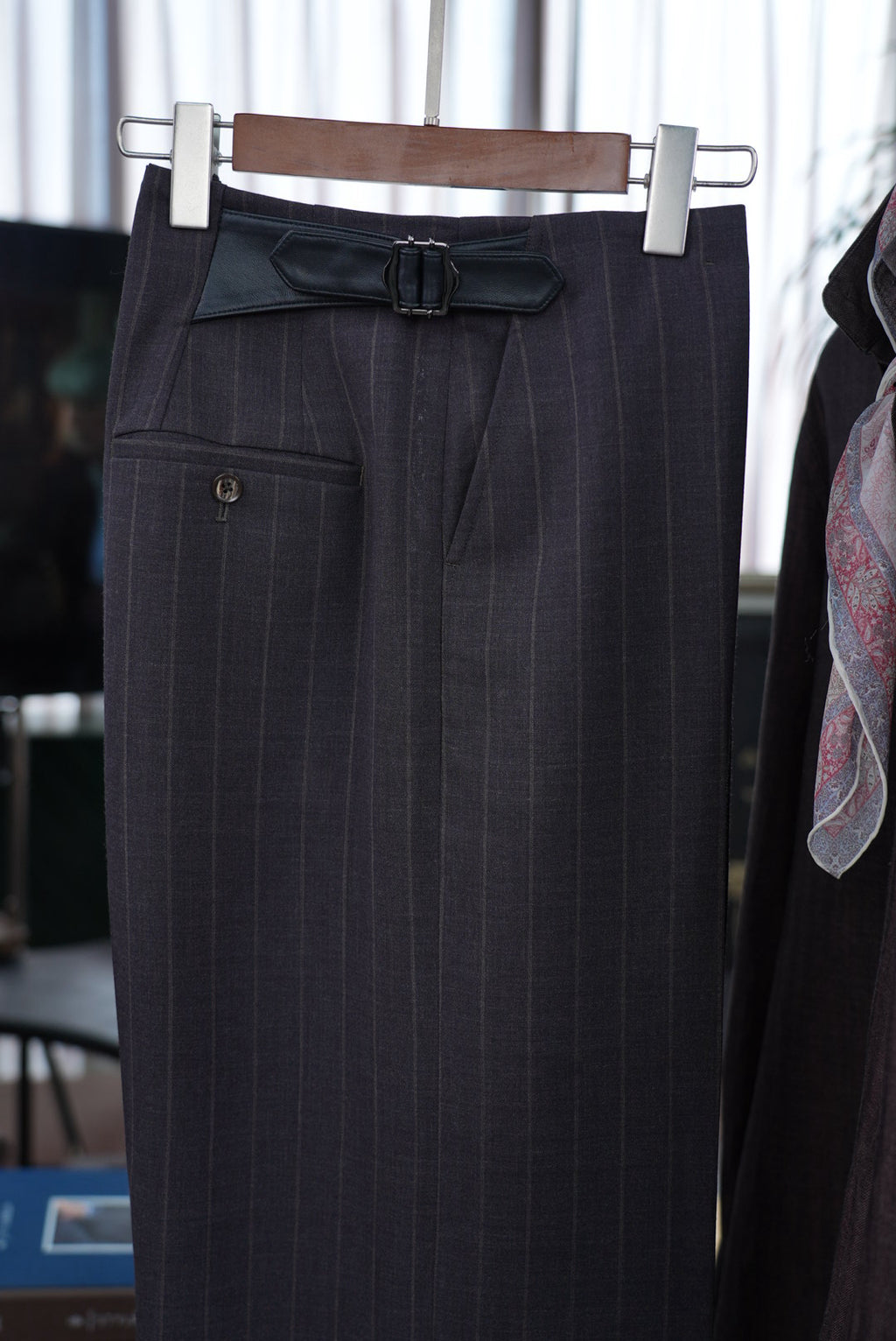 Men’s Dark Brown Pinstripe Waist‑Attached Straight‑Leg Trousers | 100% Fine‑Worsted Wool