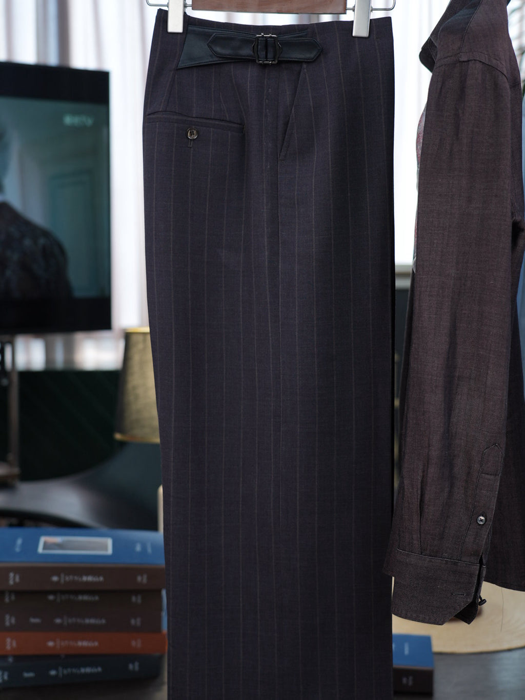 Men’s Dark Brown Pinstripe Waist‑Attached Straight‑Leg Trousers | 100% Fine‑Worsted Wool