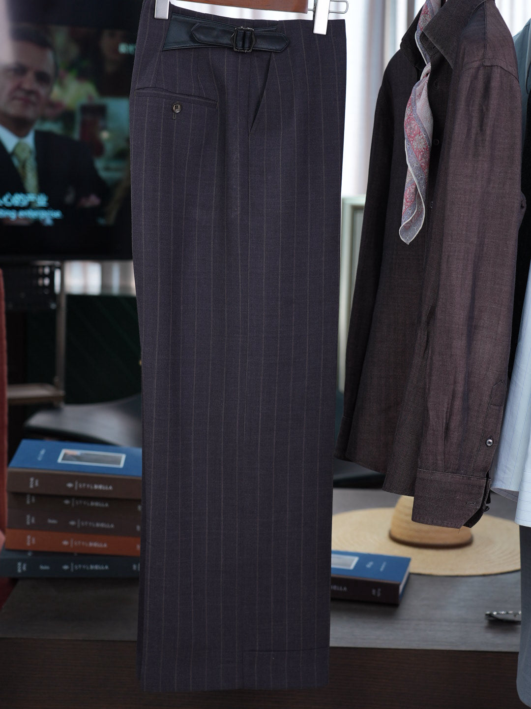 Men’s Dark Brown Pinstripe Waist‑Attached Straight‑Leg Trousers | 100% Fine‑Worsted Wool