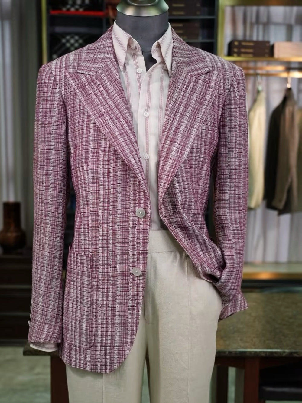 100% Pure Linen Burgundy Check Jacquard Soft Blazer