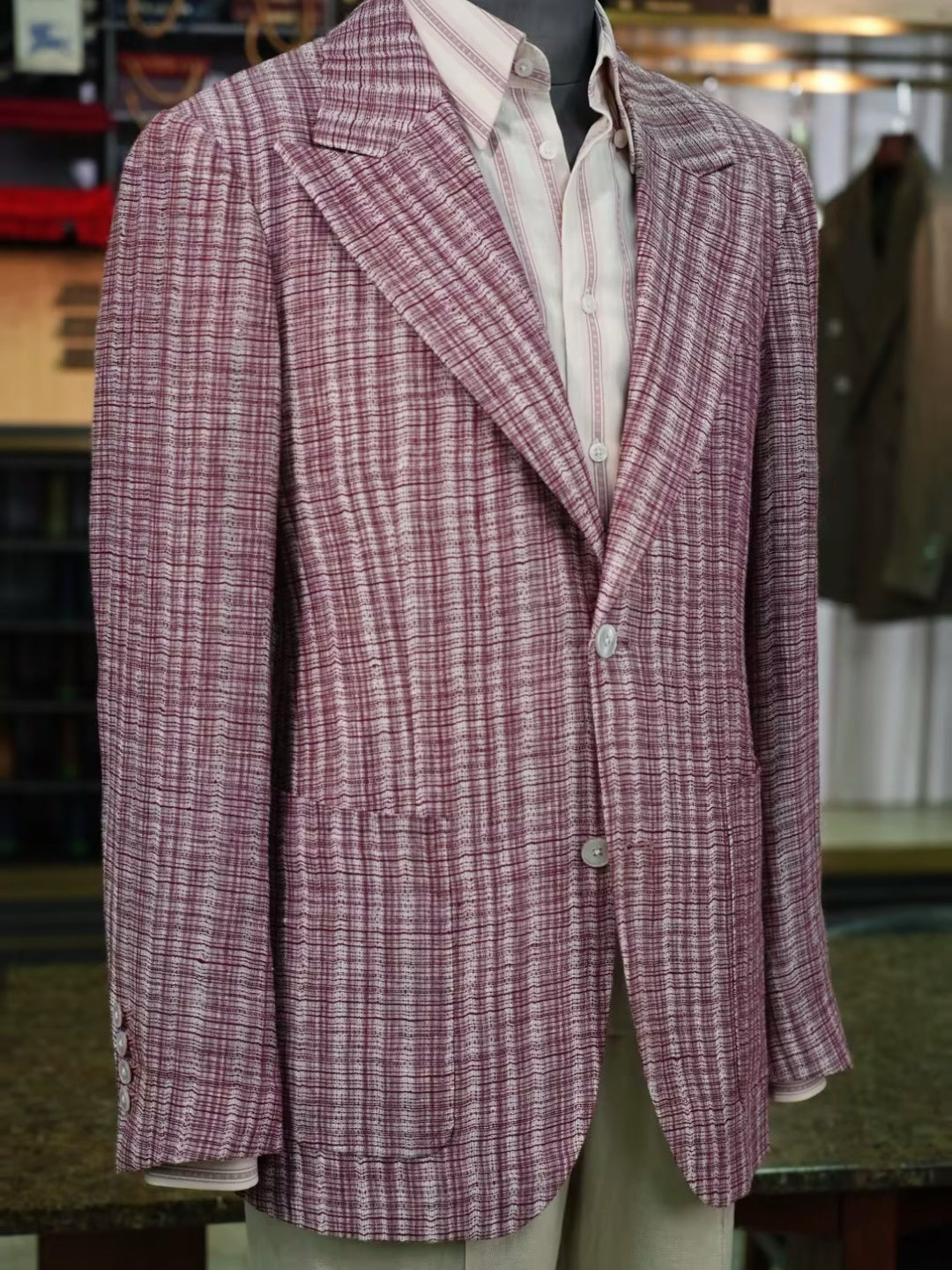 100% Pure Linen Burgundy Check Jacquard Soft Blazer