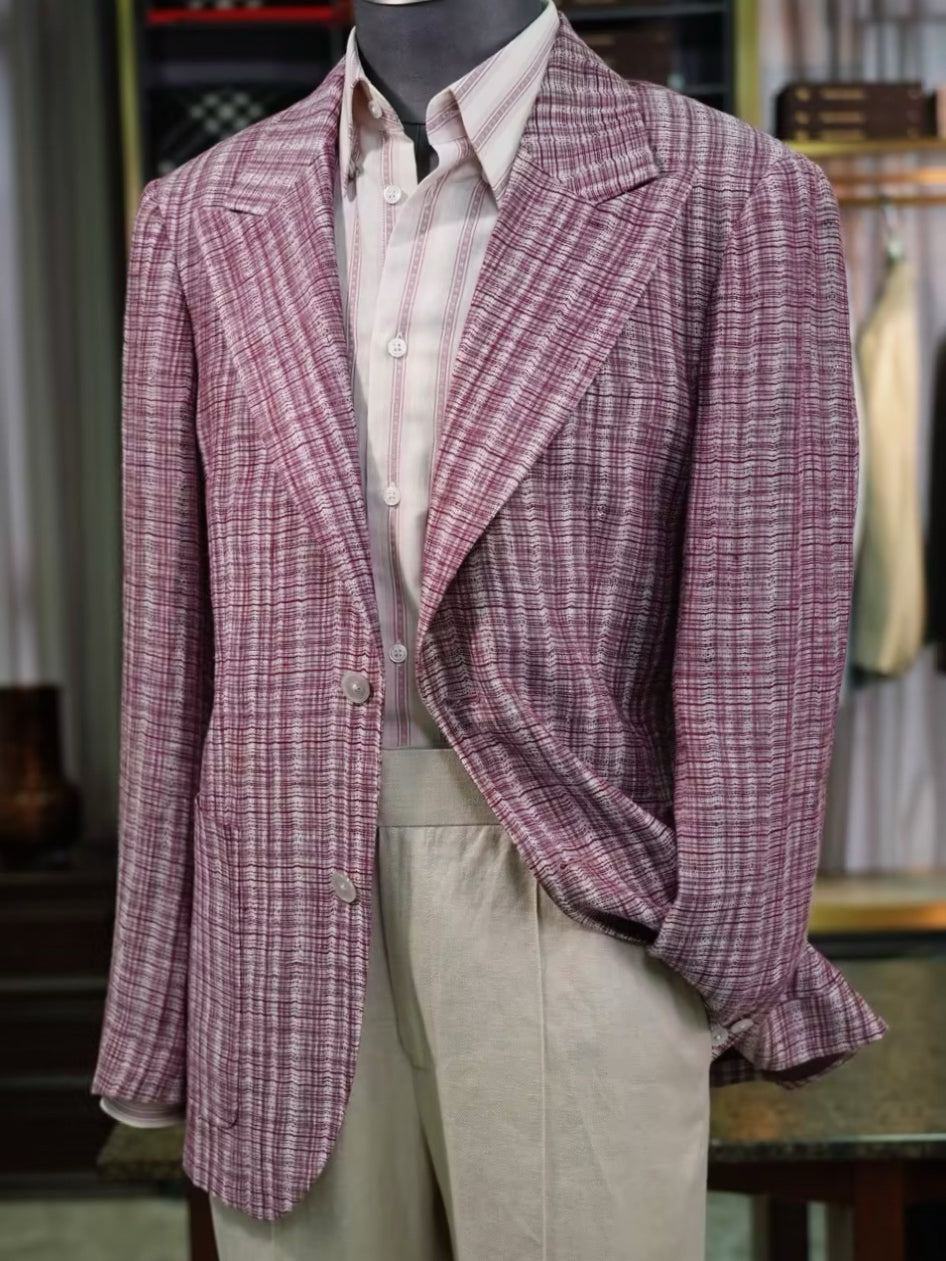 100% Pure Linen Burgundy Check Jacquard Soft Blazer