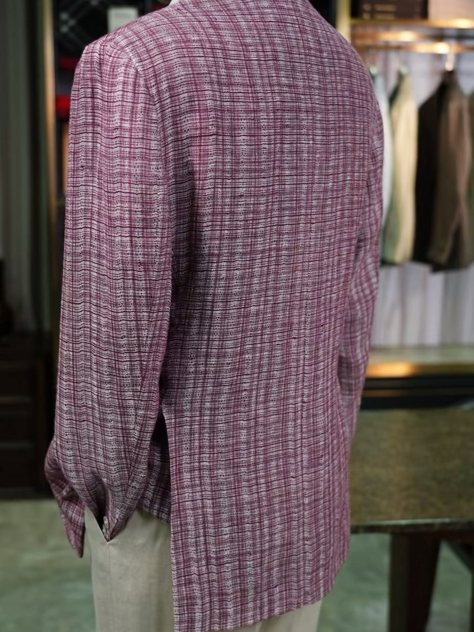 100% Pure Linen Burgundy Check Jacquard Soft Blazer