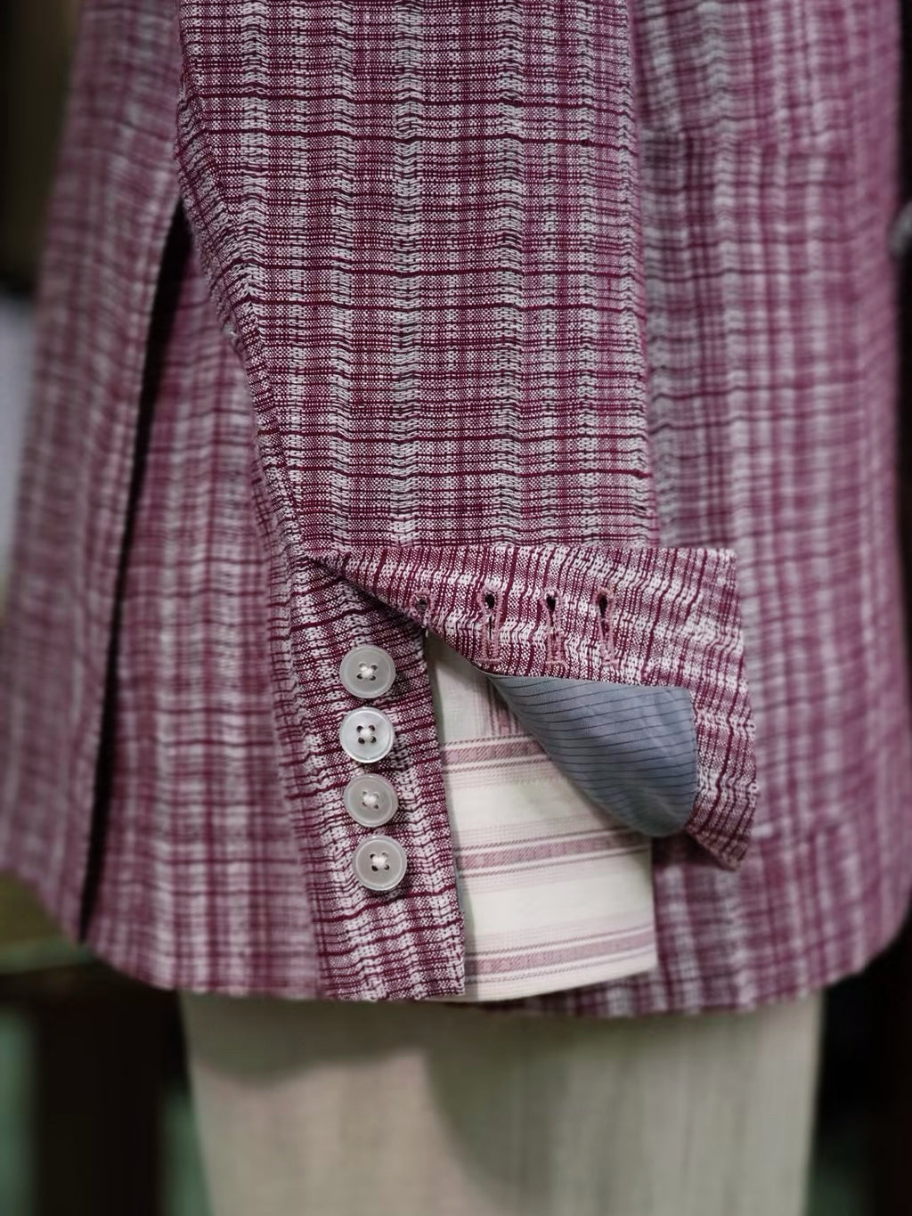 100% Pure Linen Burgundy Check Jacquard Soft Blazer