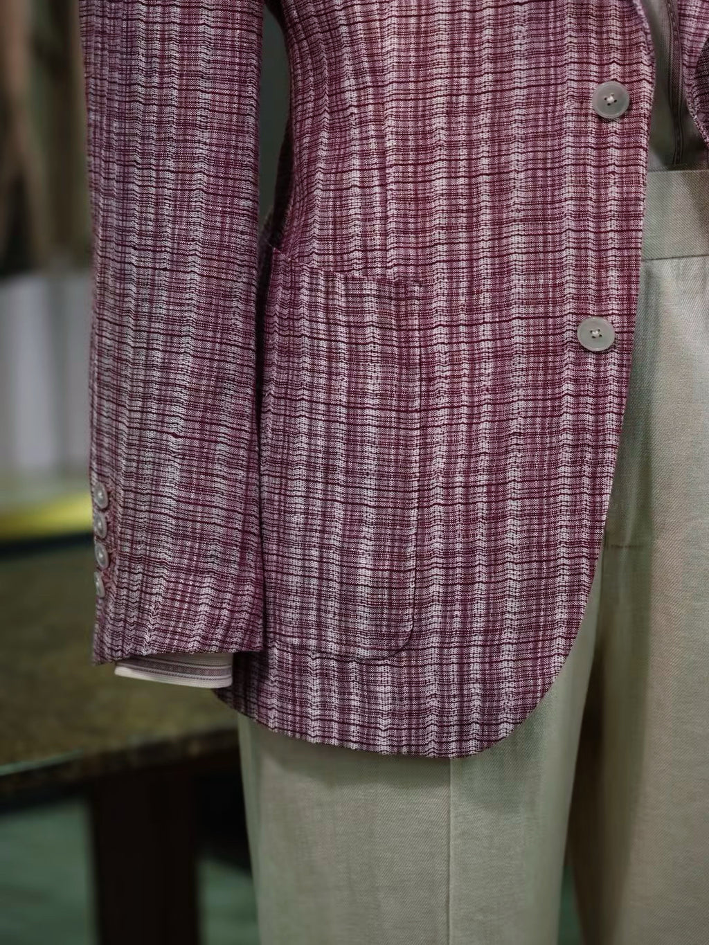 100% Pure Linen Burgundy Check Jacquard Soft Blazer
