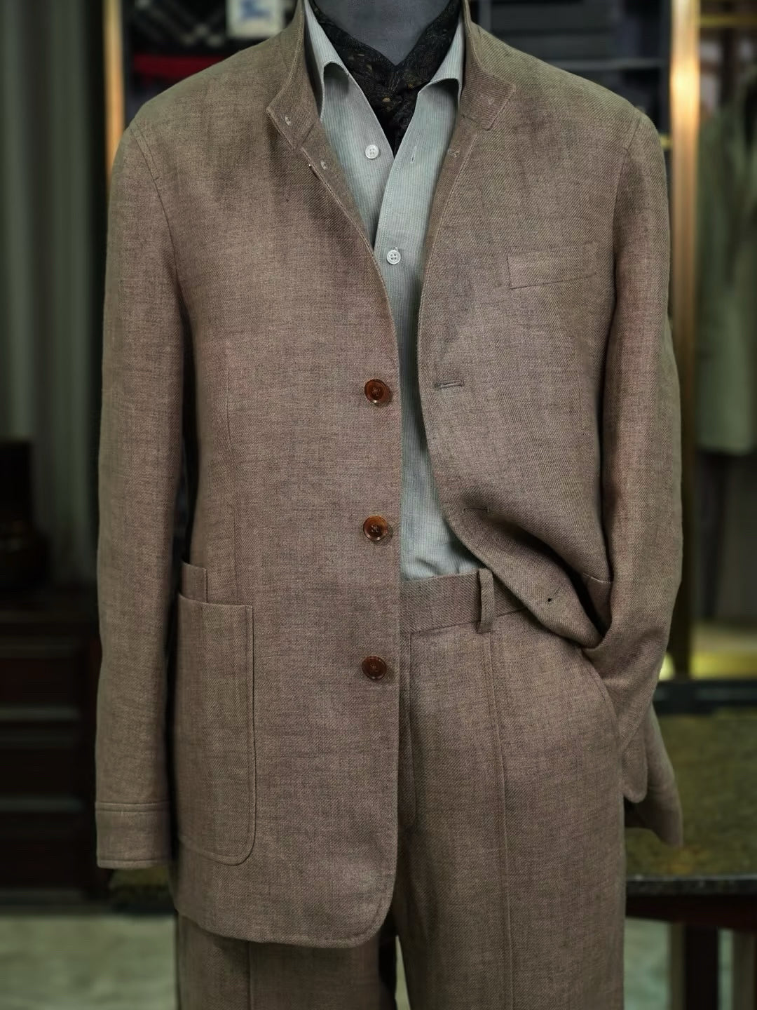 100% Pure Linen Brown Mandarin Collar Casual Blazer Jacket