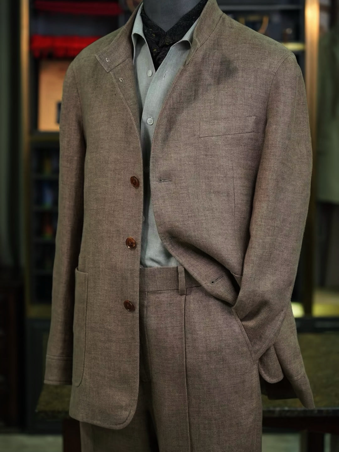100% Pure Linen Brown Mandarin Collar Casual Blazer Jacket