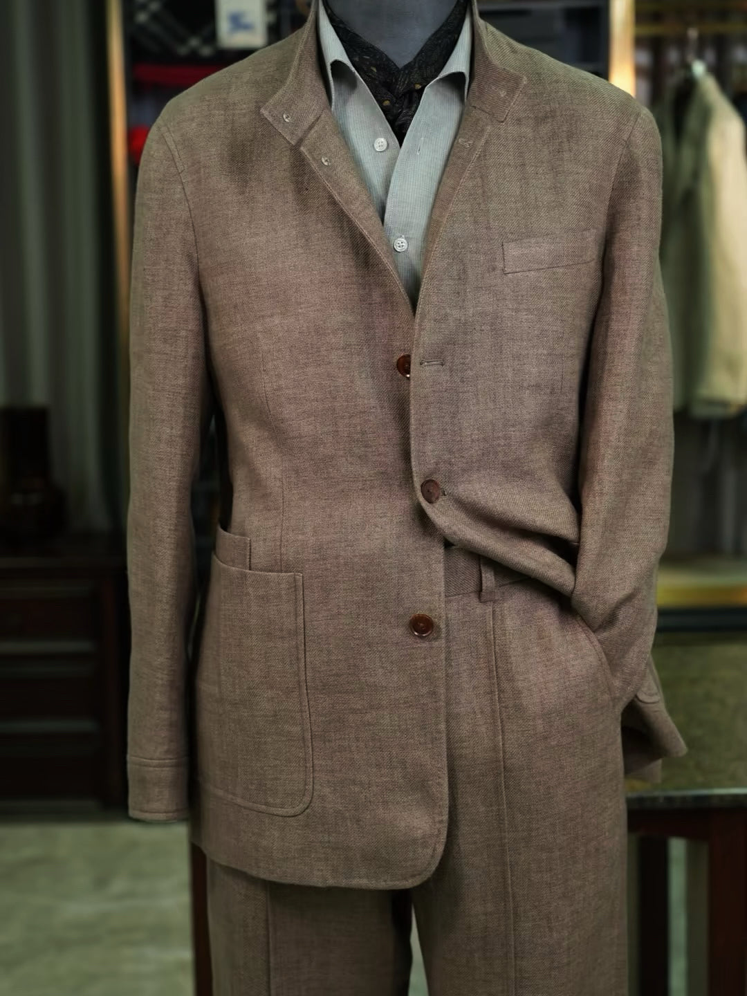 100% Pure Linen Brown Mandarin Collar Casual Blazer Jacket