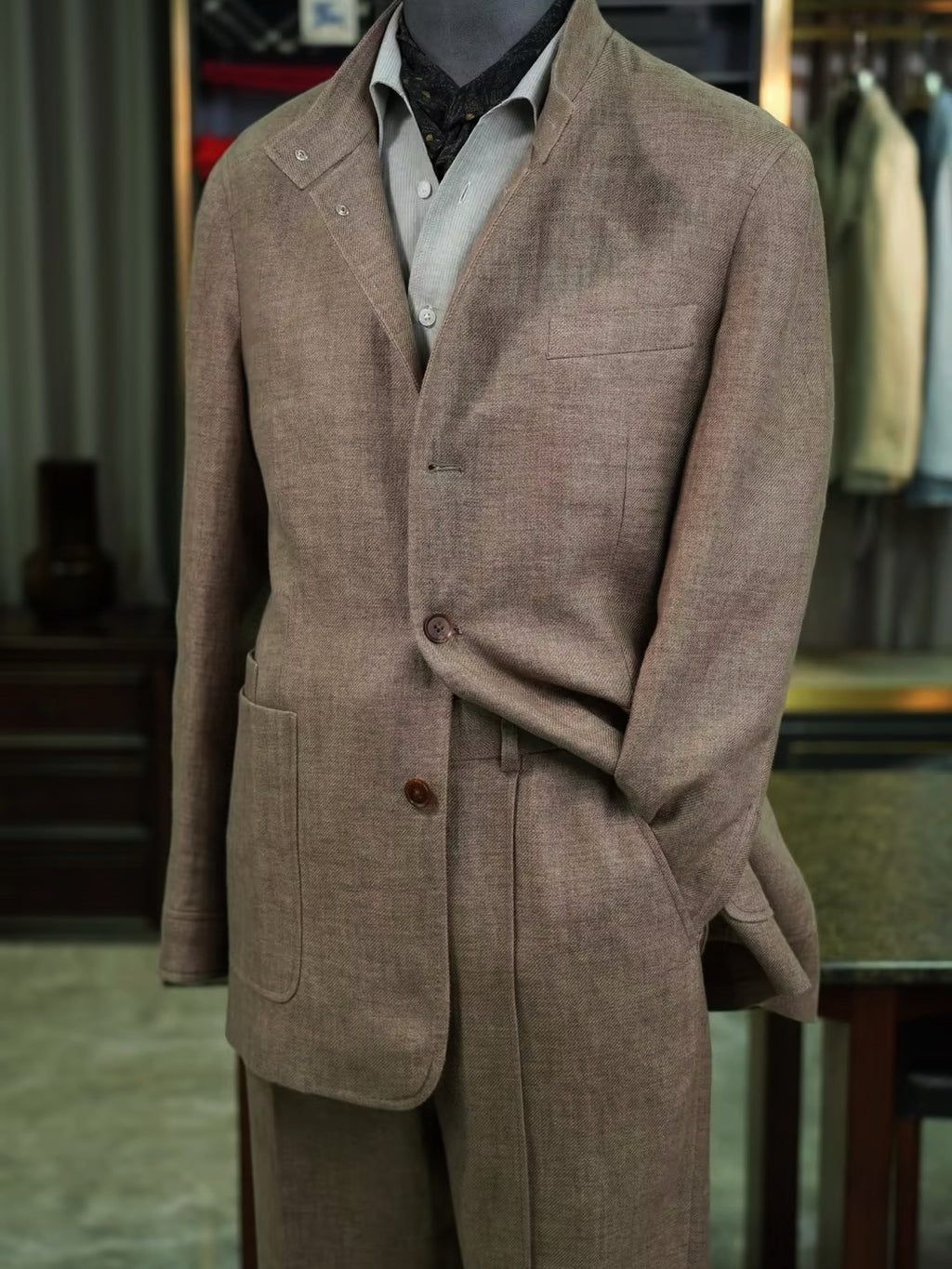 100% Pure Linen Brown Mandarin Collar Casual Blazer Jacket