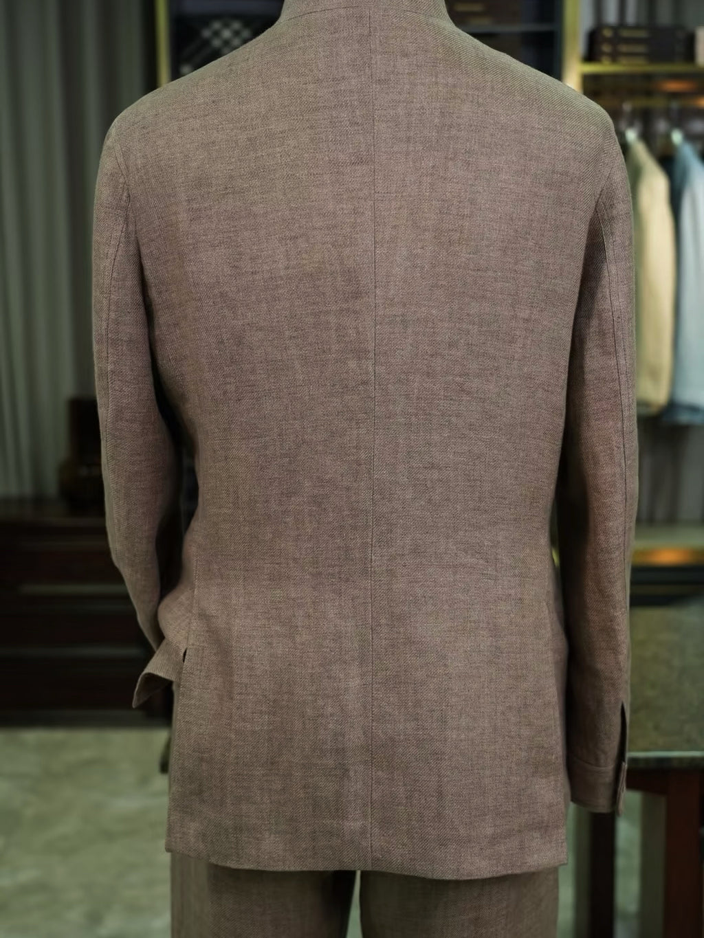 100% Pure Linen Brown Mandarin Collar Casual Blazer Jacket