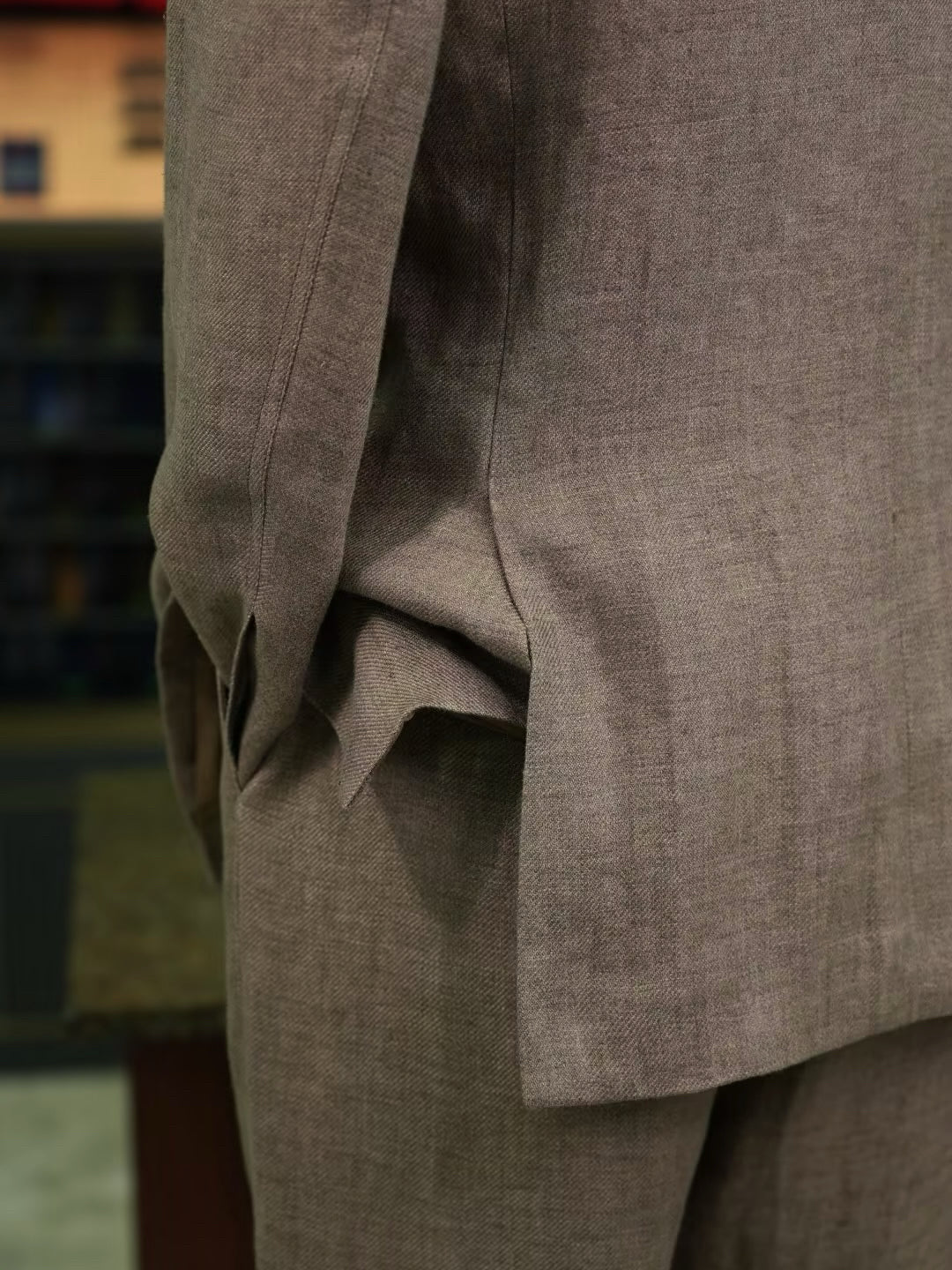 100% Pure Linen Brown Mandarin Collar Casual Blazer Jacket