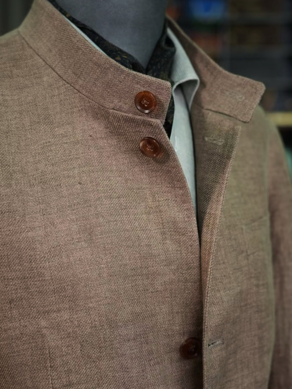 100% Pure Linen Brown Mandarin Collar Casual Blazer Jacket