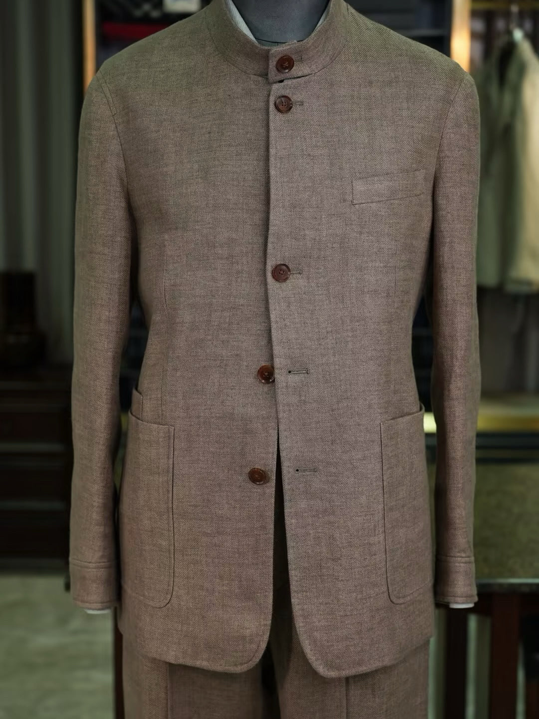 100% Pure Linen Brown Mandarin Collar Casual Blazer Jacket