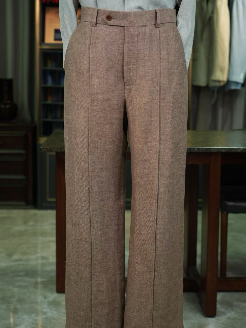 Men’s Coffee Brown 100% Linen Relaxed Straight‑Leg Trousers