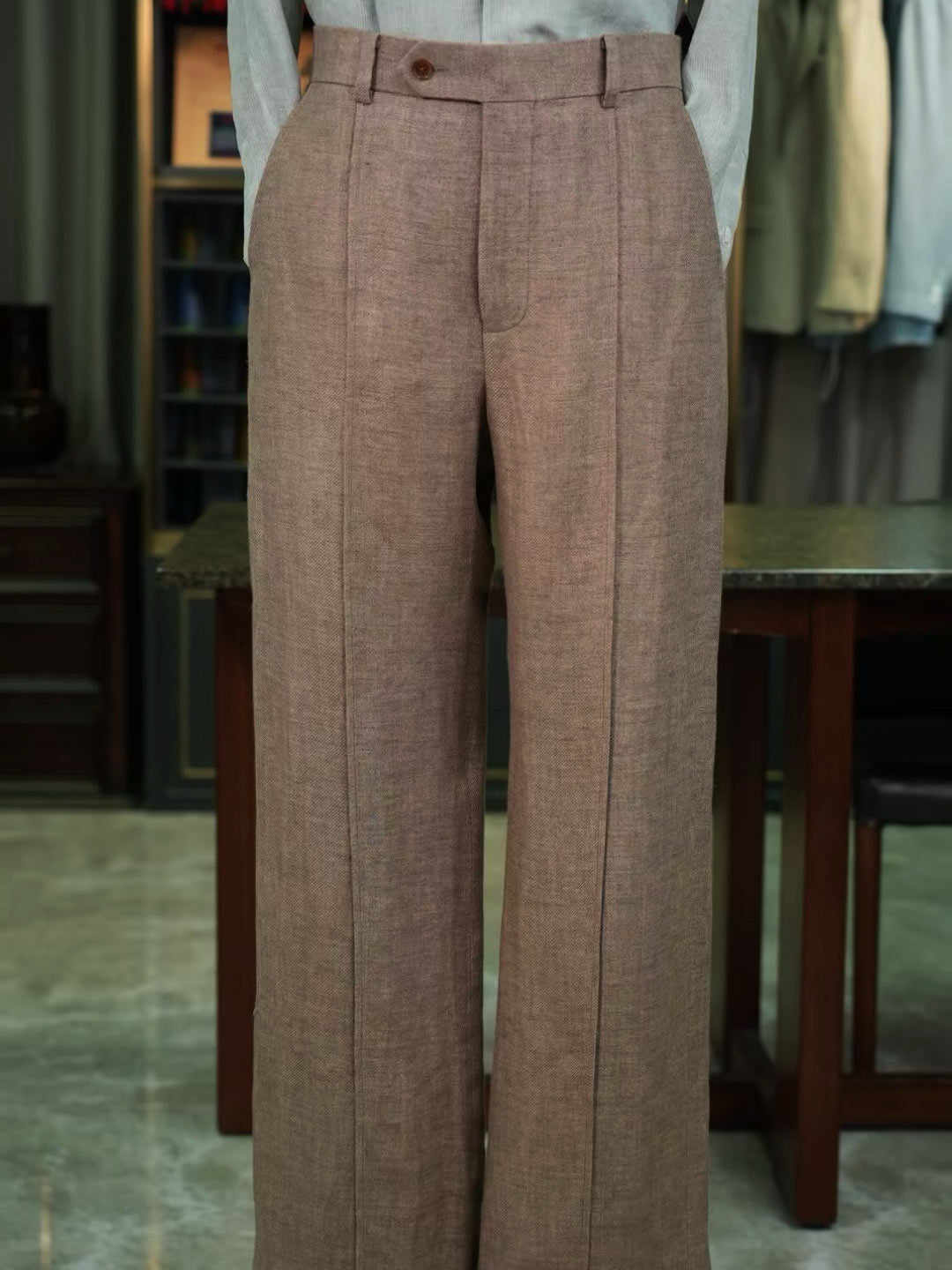 Men’s Coffee Brown 100% Linen Relaxed Straight‑Leg Trousers