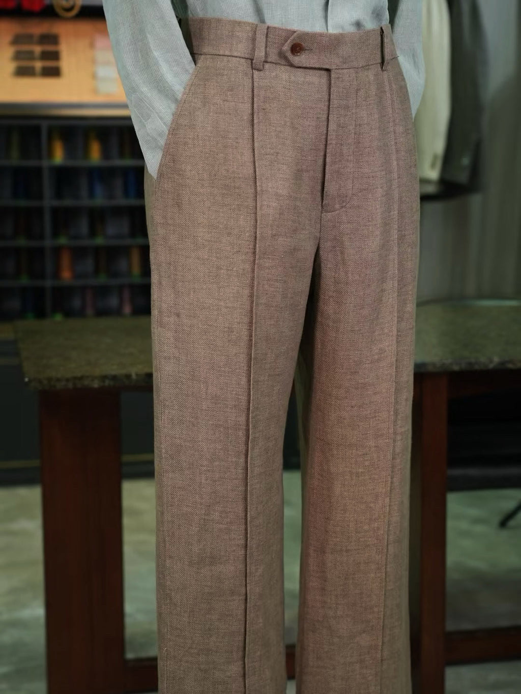 Men’s Coffee Brown 100% Linen Relaxed Straight‑Leg Trousers