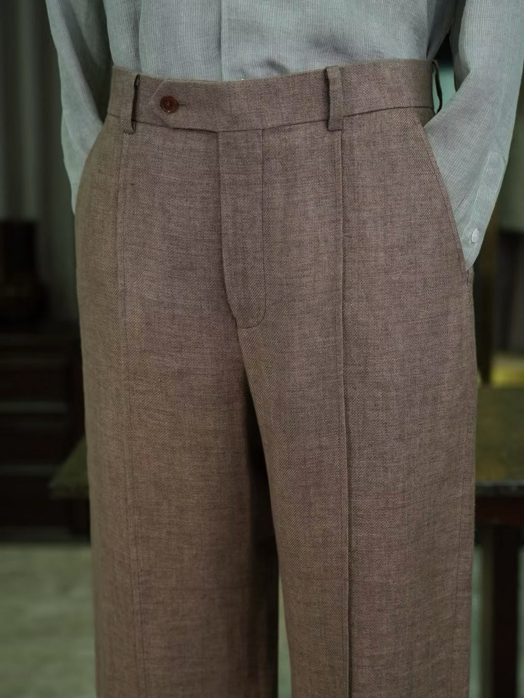 Men’s Coffee Brown 100% Linen Relaxed Straight‑Leg Trousers