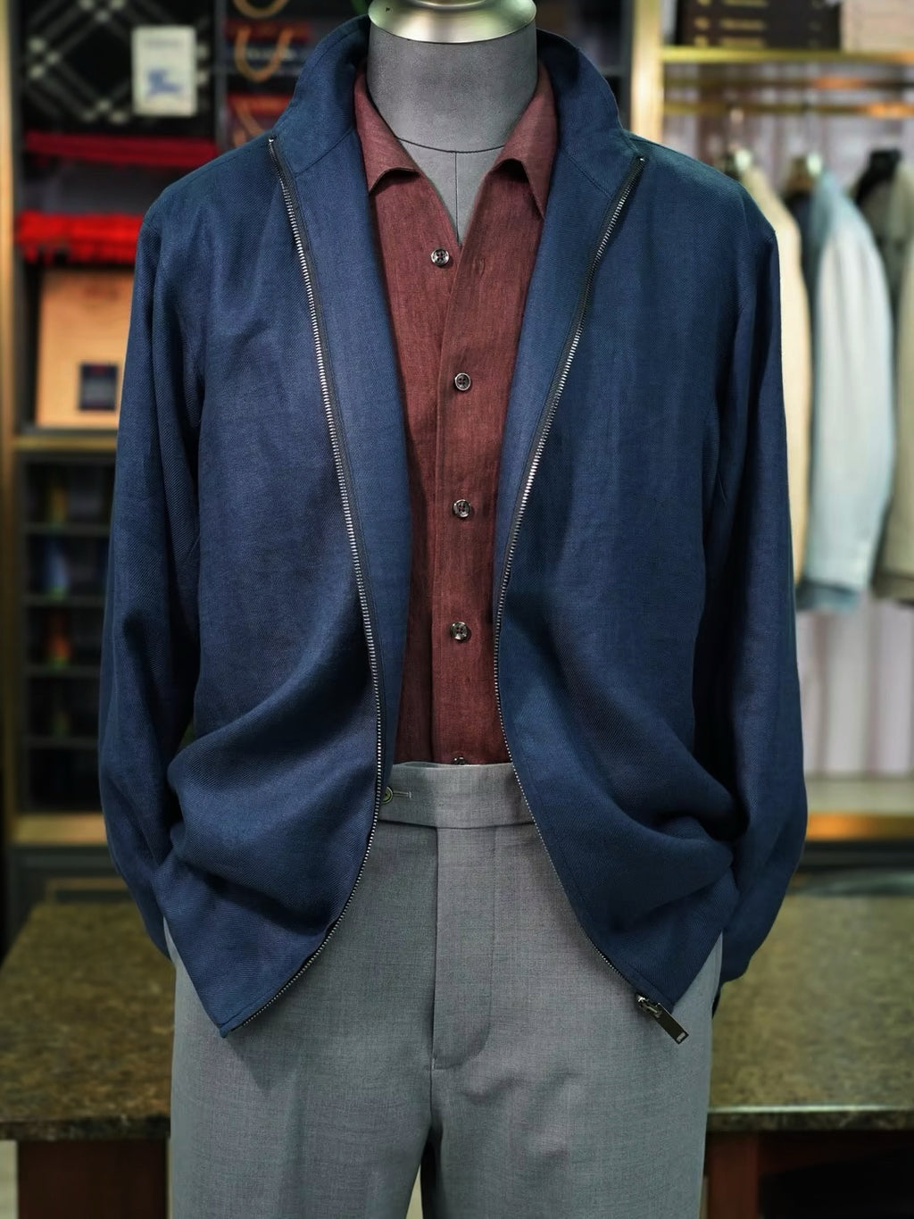 Navy blue cotton and linen casual jacket