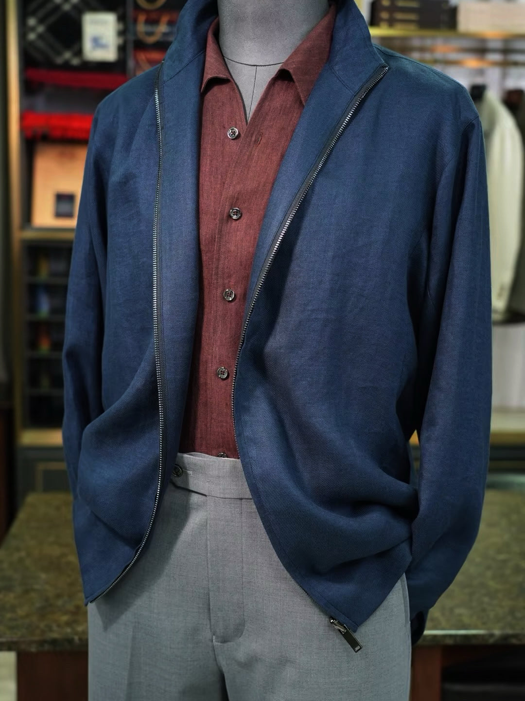 Navy blue cotton and linen casual jacket