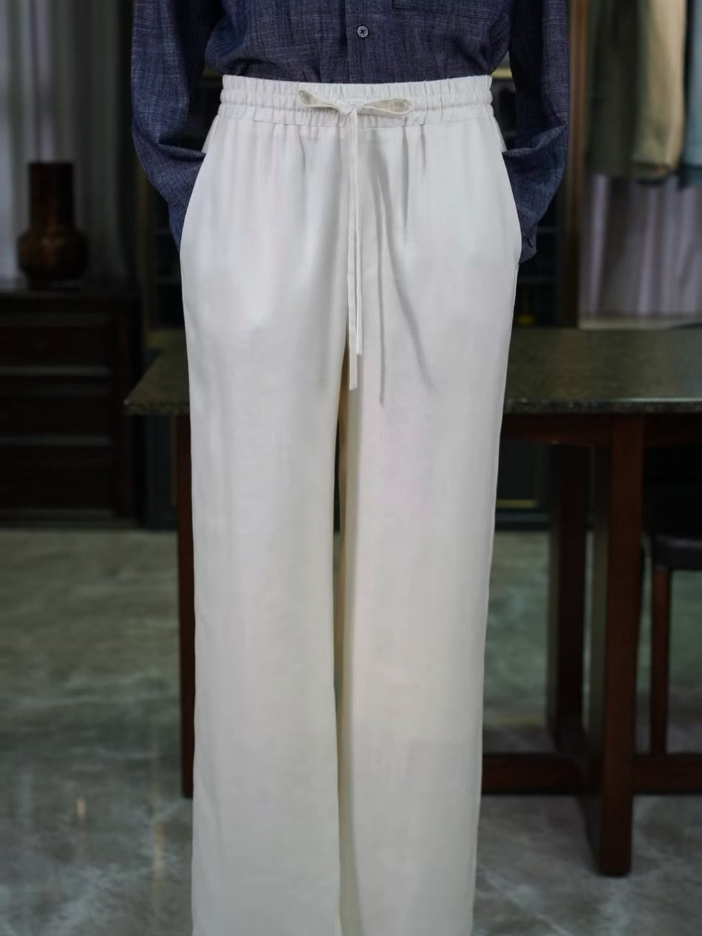 Men’s Off‑White Slub Linen‑Lyocell Drawstring Waist Casual Trousers