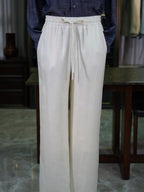 Men’s Off‑White Slub Linen‑Lyocell Drawstring Waist Casual Trousers