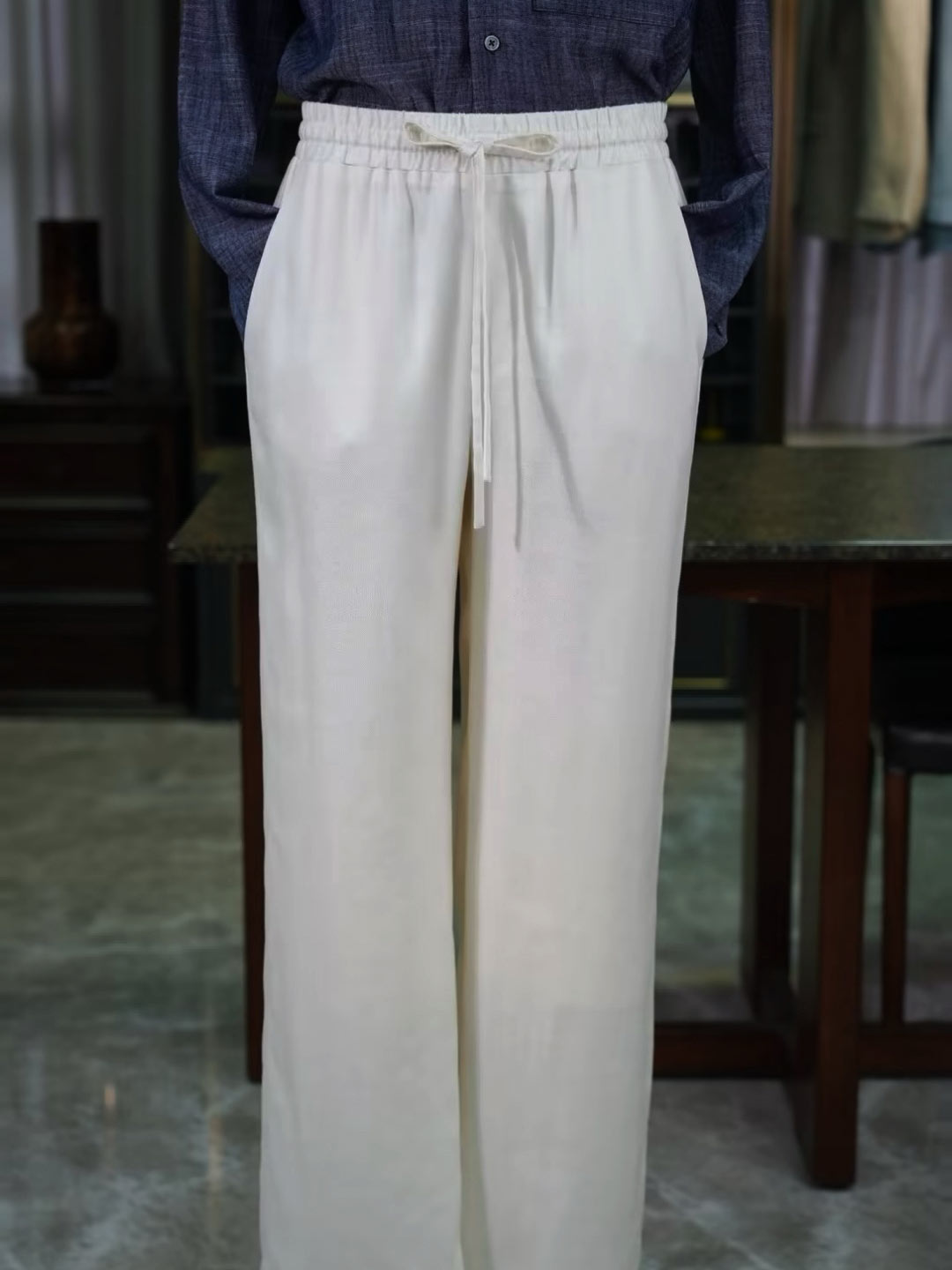 Men’s Off‑White Slub Linen‑Lyocell Drawstring Waist Casual Trousers