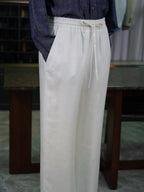 Men’s Off‑White Slub Linen‑Lyocell Drawstring Waist Casual Trousers