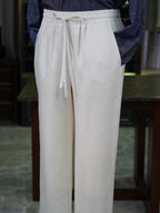 Men’s Off‑White Slub Linen‑Lyocell Drawstring Waist Casual Trousers