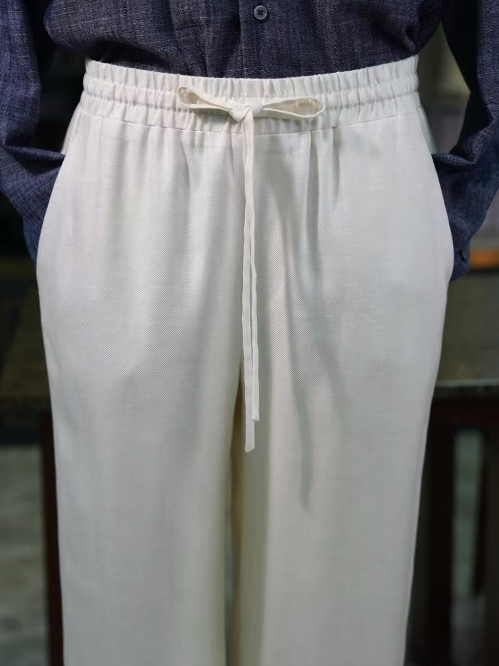 Men’s Off‑White Slub Linen‑Lyocell Drawstring Waist Casual Trousers