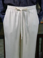 Men’s Off‑White Slub Linen‑Lyocell Drawstring Waist Casual Trousers
