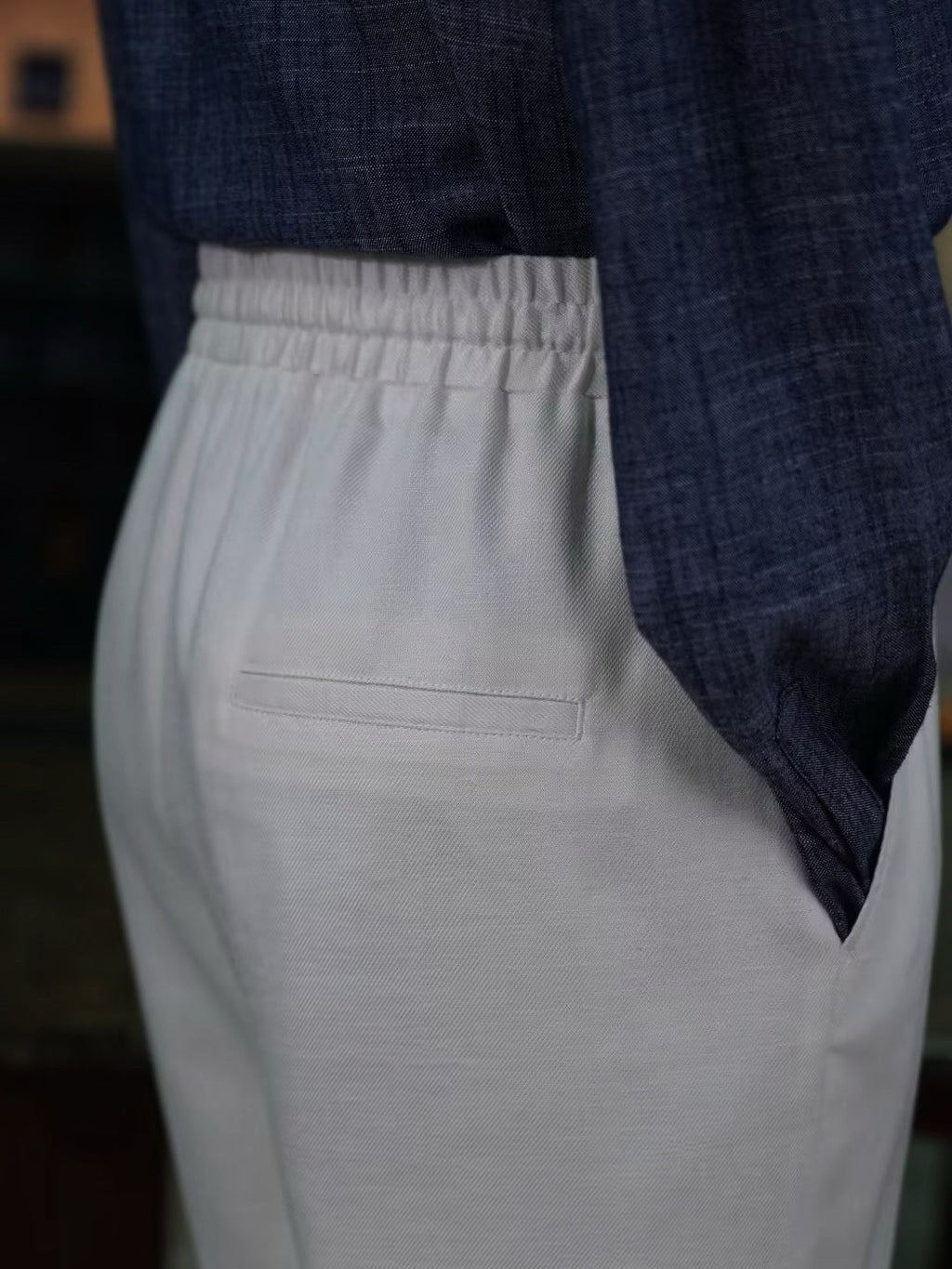 Men’s Off‑White Slub Linen‑Lyocell Drawstring Waist Casual Trousers
