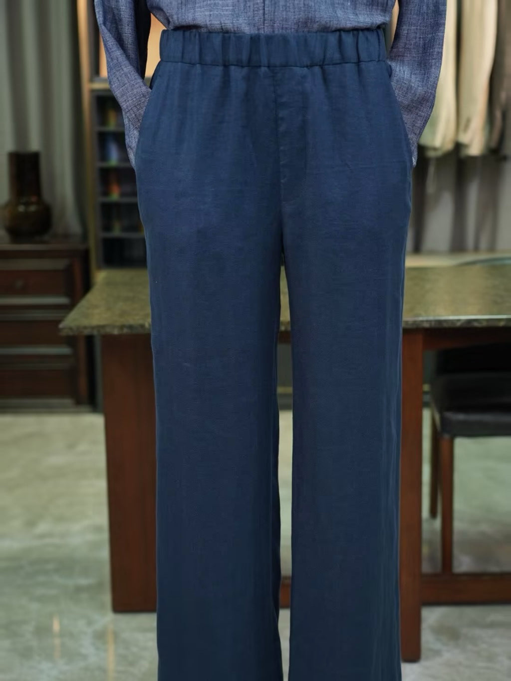 100% Linen Elastic Waist Wide‑Leg Casual Pants, Navy Blue