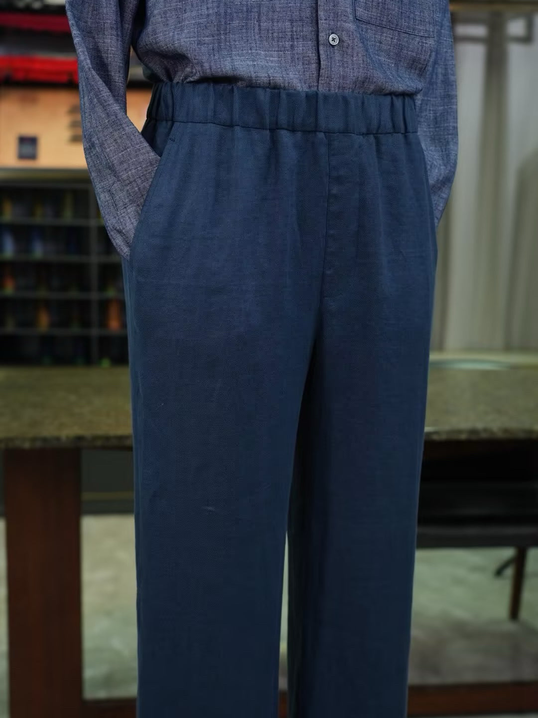 100% Linen Elastic Waist Wide‑Leg Casual Pants, Navy Blue