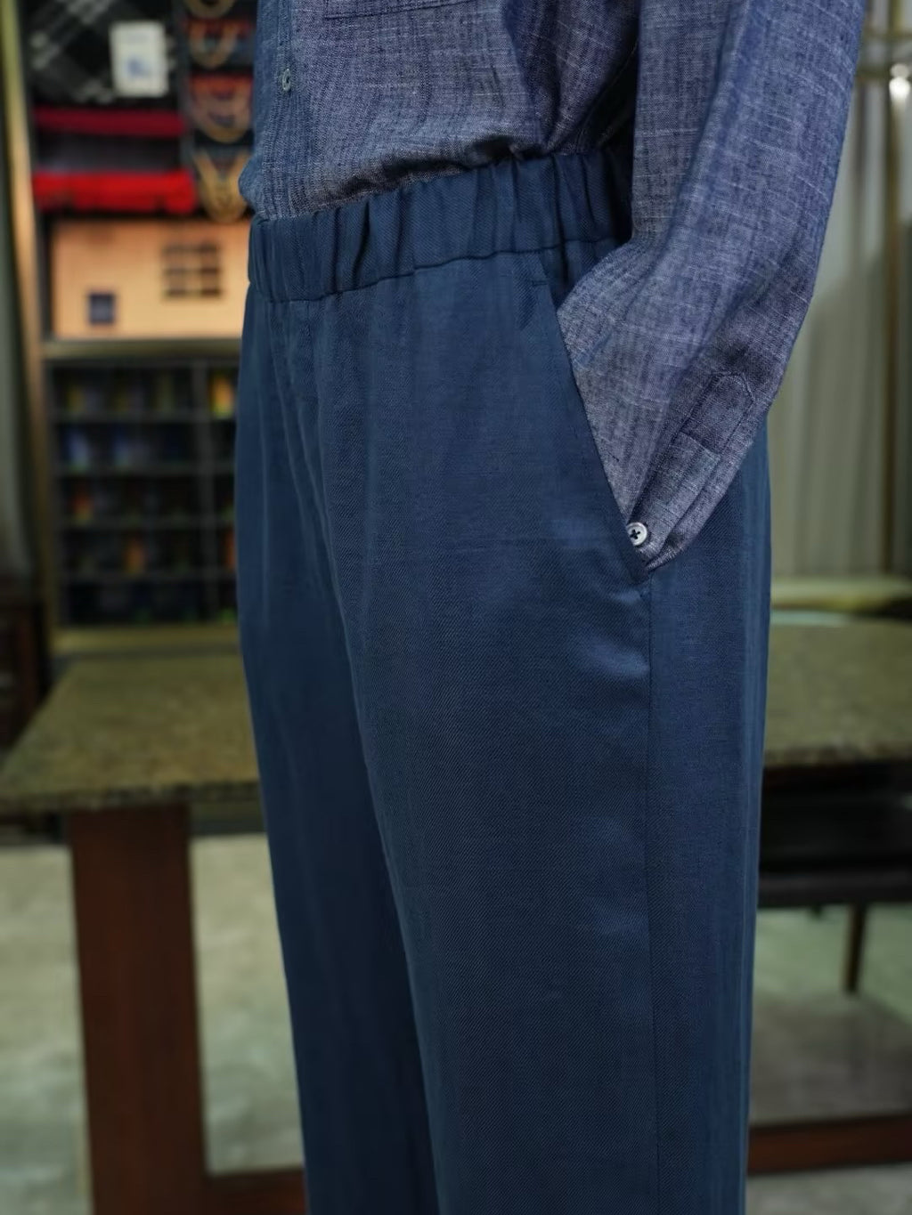 100% Linen Elastic Waist Wide‑Leg Casual Pants, Navy Blue
