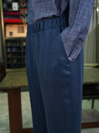 100% Linen Elastic Waist Wide‑Leg Casual Pants, Navy Blue