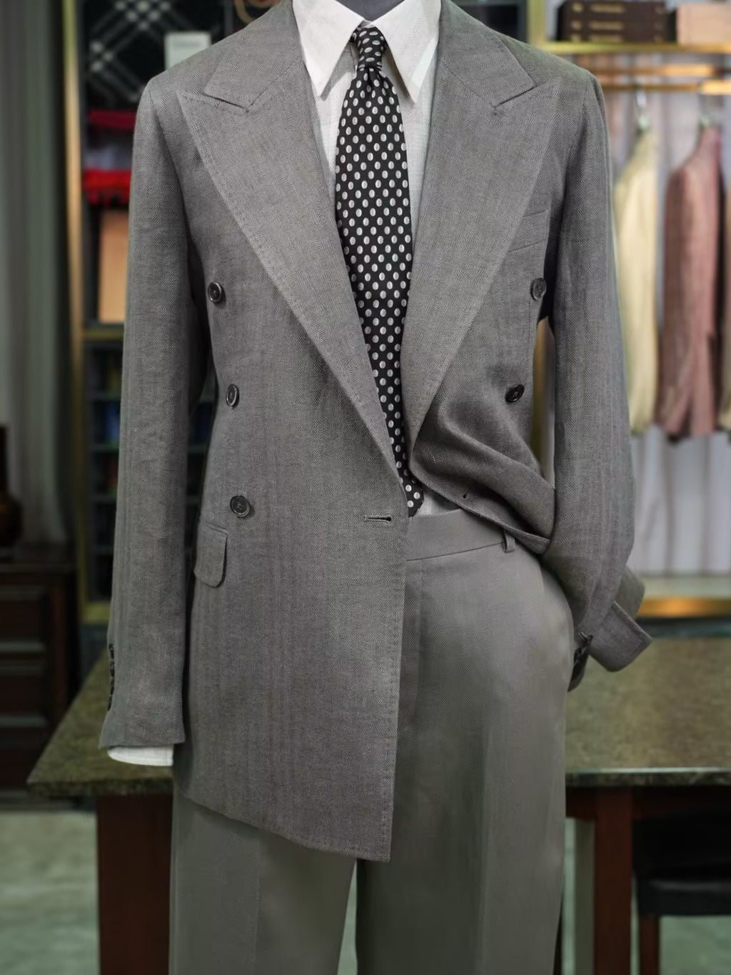 Grey-green linen herringbone double-breasted single-breasted suit