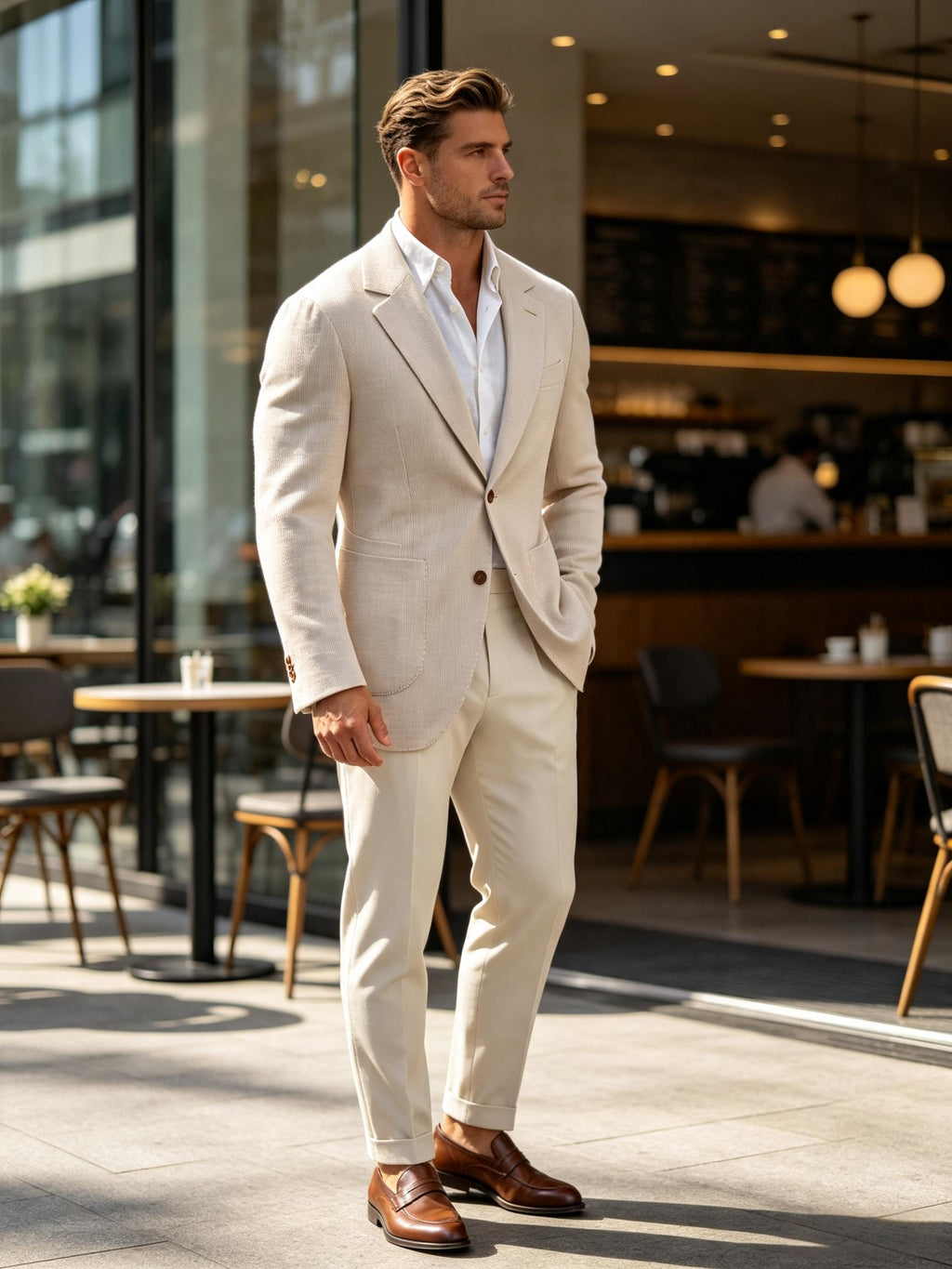 Light apricot ribbed knit casual blazer